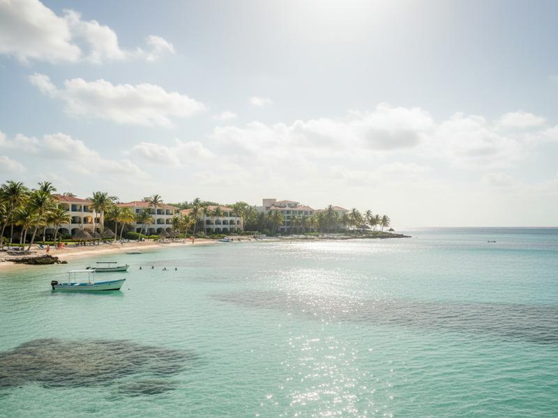 Akumal coastline with calm Caribbean water, palms, and low-rise buildings behind the sand