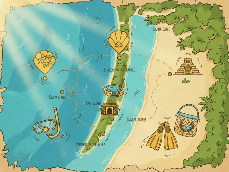 Riviera Maya map marked with Akumal Xcacel and Tulum beside snorkel gear
