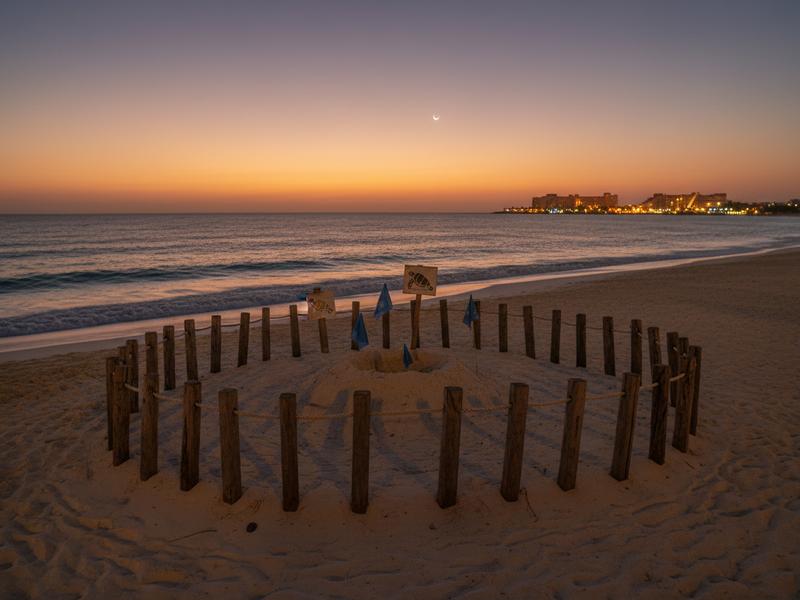Marked turtle nest area on Riviera Maya sand near resort lights at dusk