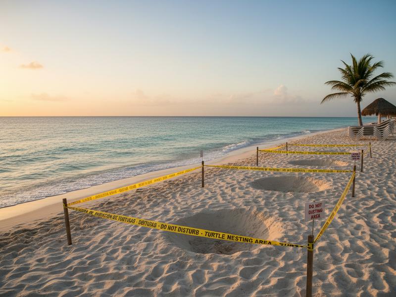 Quiet Riviera Maya beach at sunrise with marked nesting area