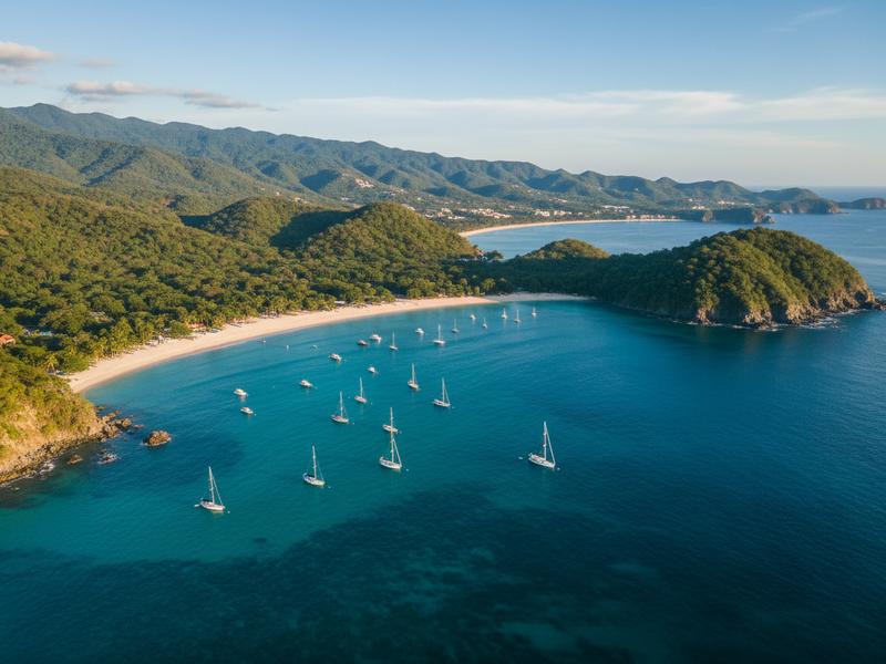 Aerial view of Huatulco bays with turquoise water, pale sand, and forested green hills