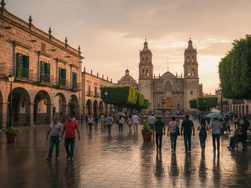 Shaded plaza and cathedral streets in central Saltillo during a warm summer morning