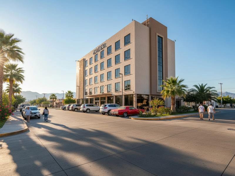 Central Saltillo hotel street with parking access for a Coahuila road trip