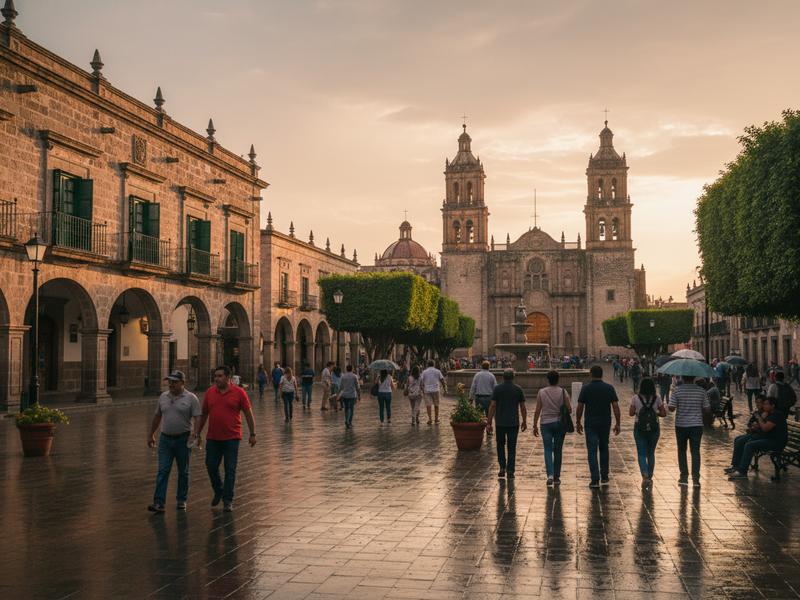 Historic Saltillo plaza with cathedral towers, shaded benches, and pedestrians walking before midday heat