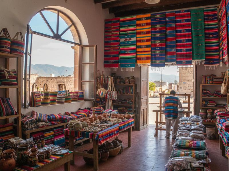 Colorful Saltillo sarape textiles and northern Mexican dishes arranged on a table after a city walk