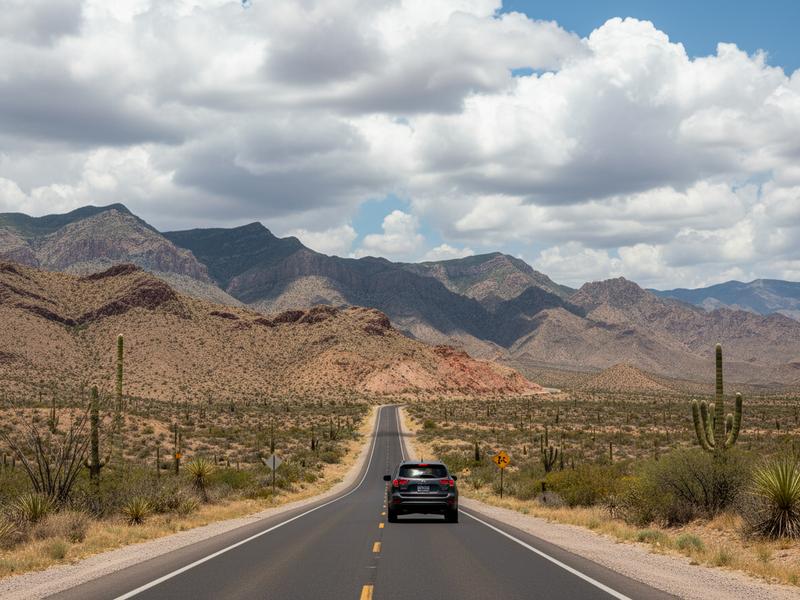 Open Coahuila highway outside Saltillo with desert hills, wide sky, and road signs toward nearby towns