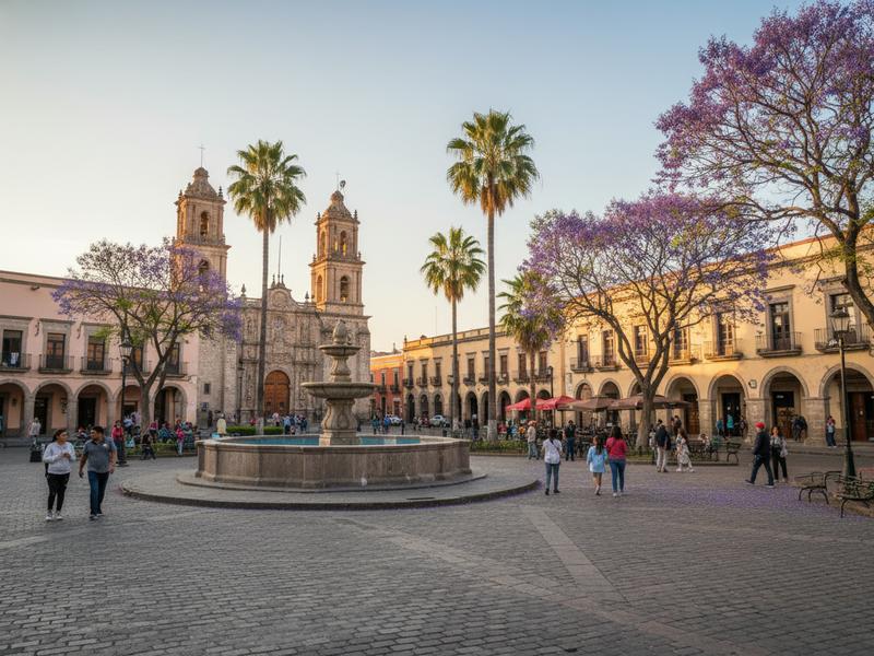 Saltillo city center plaza with stone buildings and shaded benches before midday heat