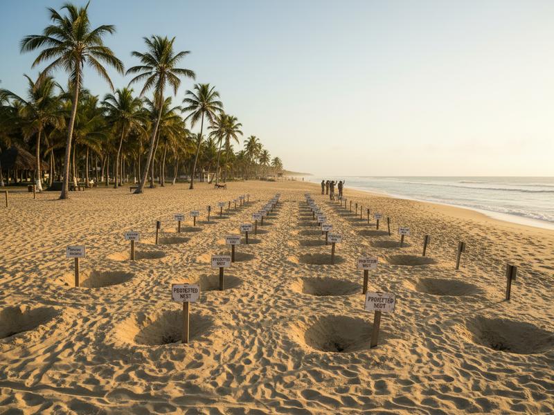 Protected sea turtle beach in Mexico with marked nest areas and palm trees