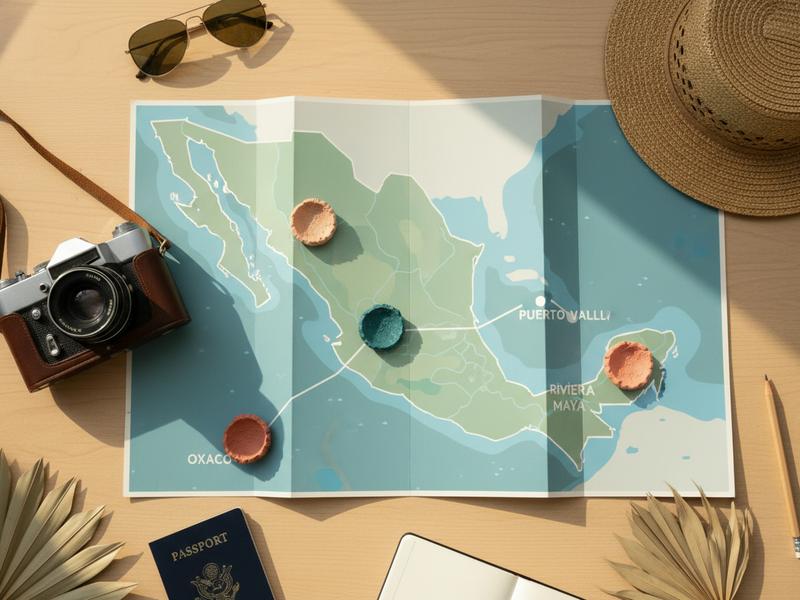 Traveler map with Oaxaca Puerto Vallarta and Riviera Maya marked for turtle season