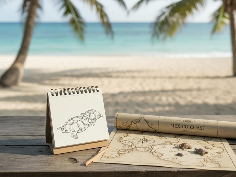 Calendar-style view of turtle nesting months beside a Mexican Pacific beach