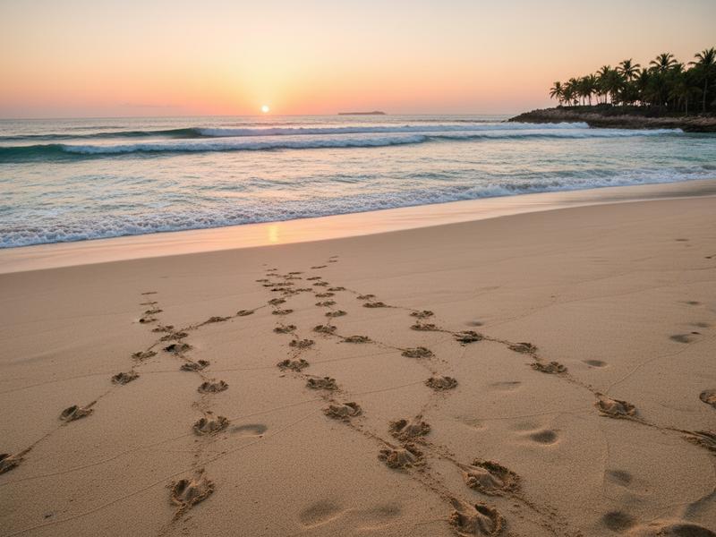 Baby sea turtle tracks leading toward the ocean on a Mexican beach at dawn