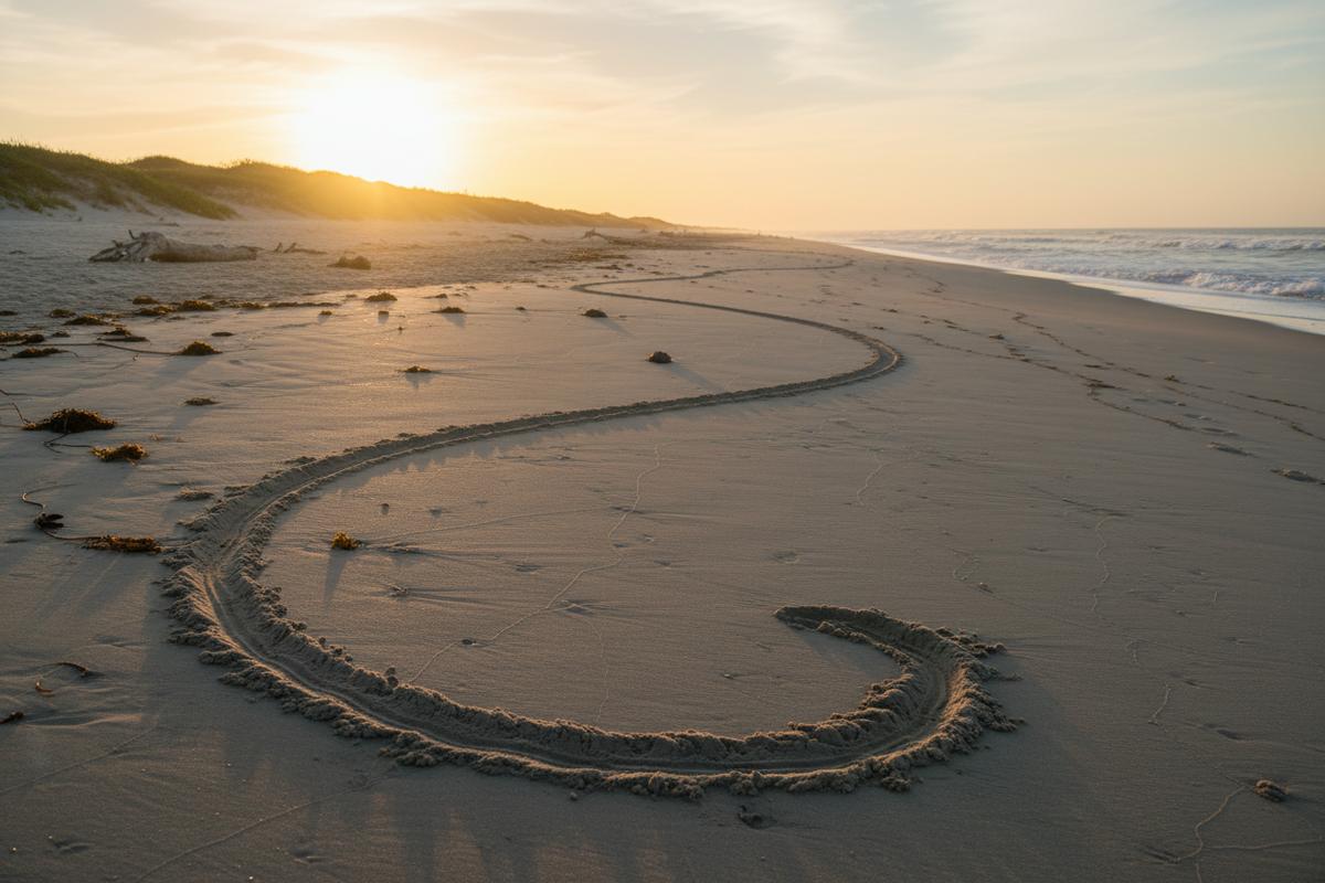 Olive ridley sea turtle tracks on a protected beach in Mexico at sunrise