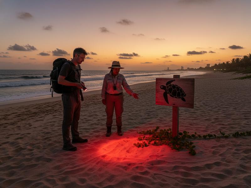 Traveler holding a small red-light flashlight beside a turtle conservation sign in Mexico