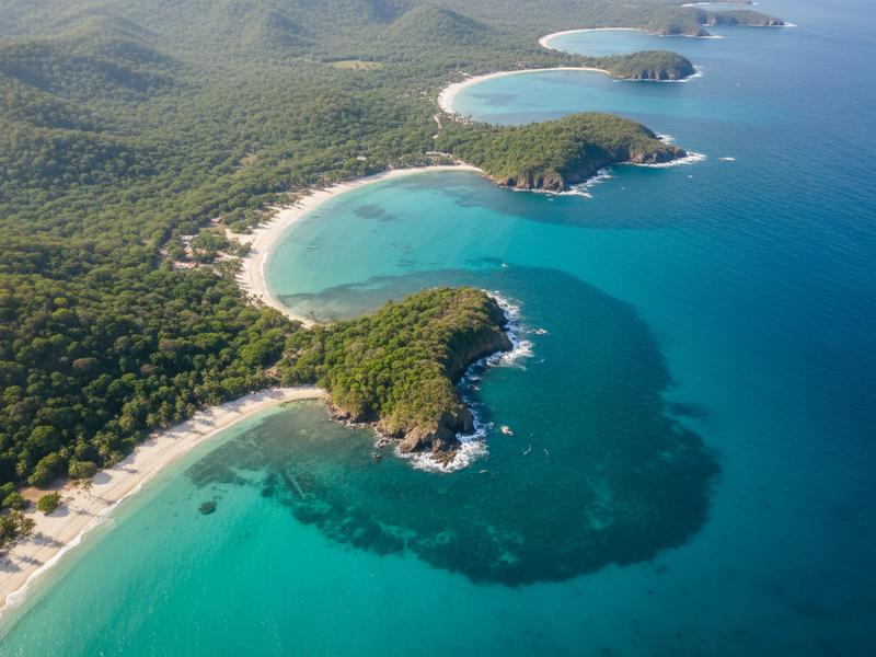 Aerial view of Huatulco bays with turquoise water, forested hills, and quiet sandy coves