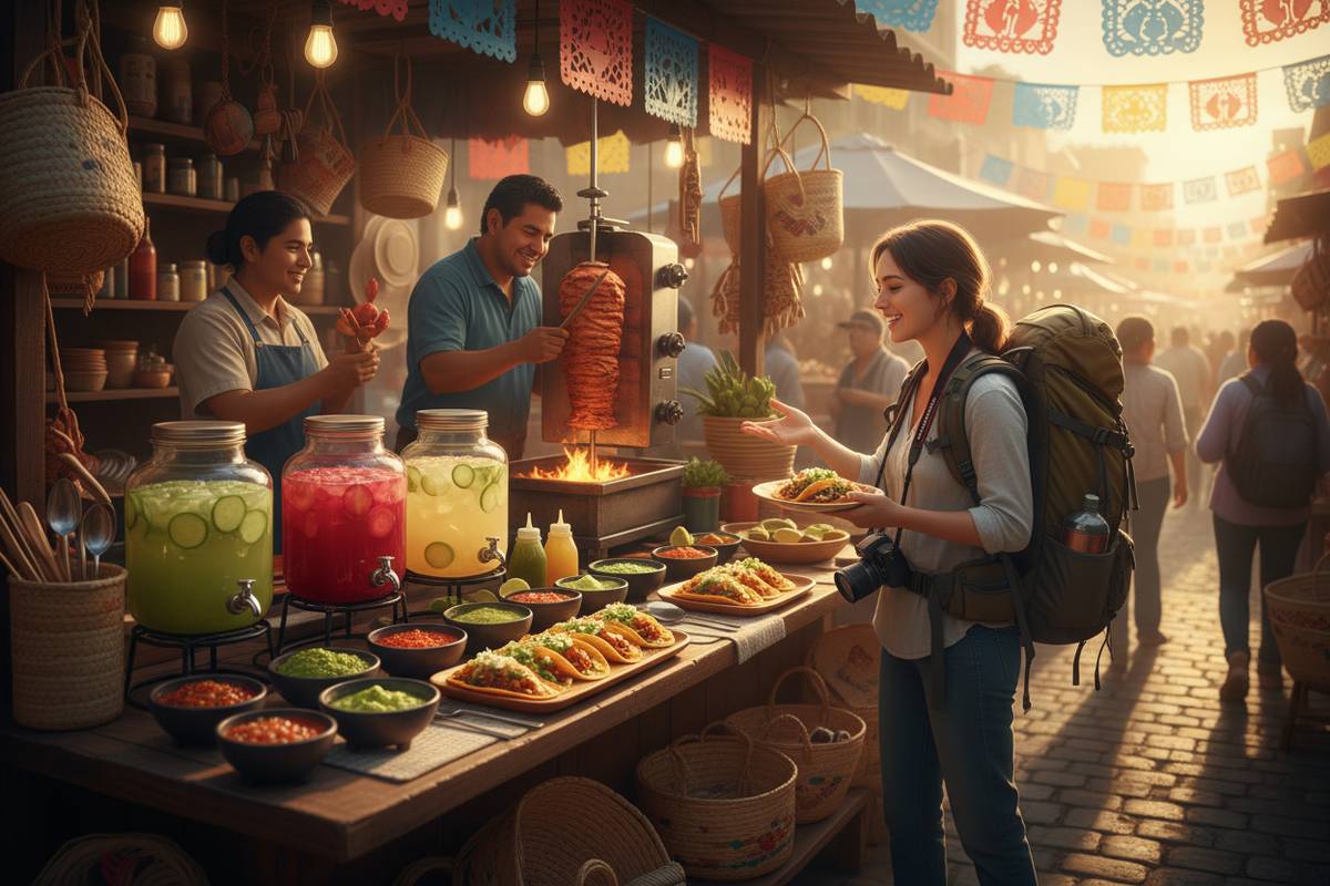 Colorful Mexican street food stall with tacos and aguas frescas at a local market