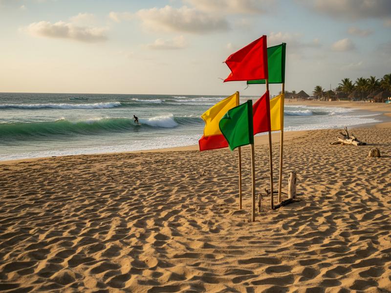 Red, yellow, and green swimming flags posted on a Mexican Pacific shoreline