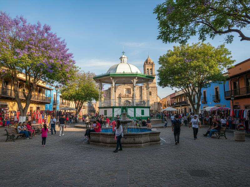 Tapalpa plaza with trees, benches, and whitewashed buildings in soft daylight