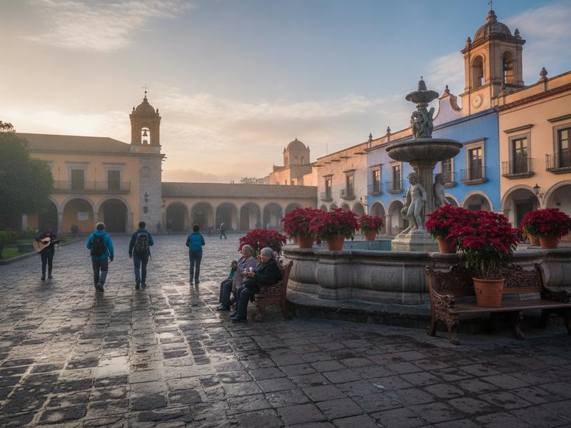 Quiet Mexican colonial plaza in early January after holiday crowds
