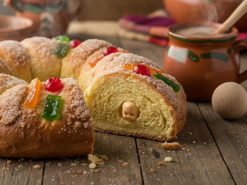 Small baby figurine hidden inside a slice of Rosca de Reyes