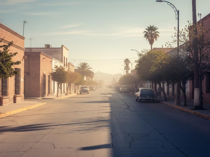 Strong sun over Torreon streets during desert heat with afternoon storm clouds possible
