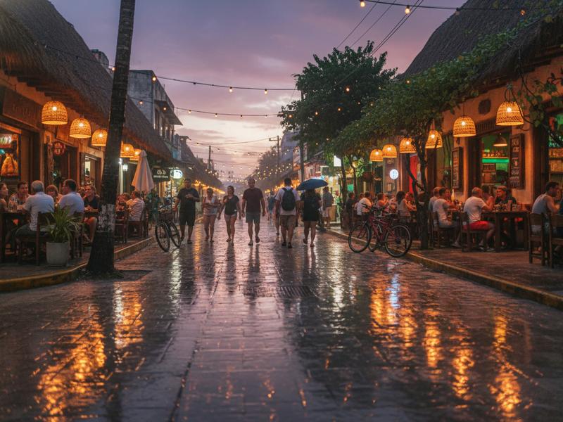 Tulum town street after rain with warm restaurant lights and wet pavement at evening