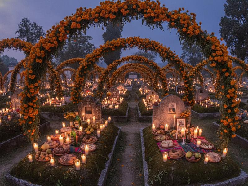Tall cempasúchil floral arches above graves in Tzintzuntzan Michoacán