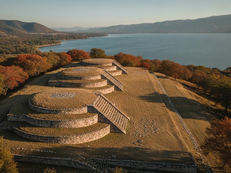 Tzintzuntzan yácata platforms above Lake Pátzcuaro in late October light