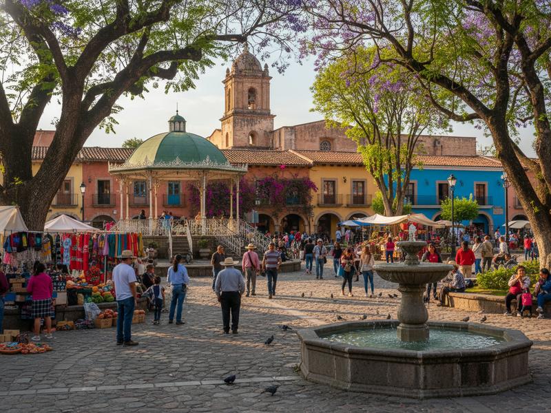Tree-shaded town plaza with red-tile roofs near the lake