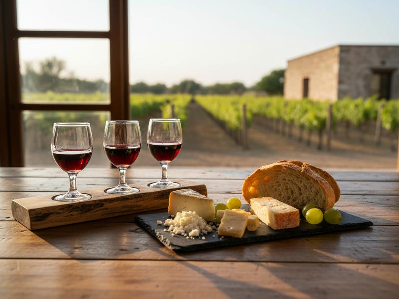 Small wine tasting flight with Baja cheeses and bread at a Valle de Guadalupe winery