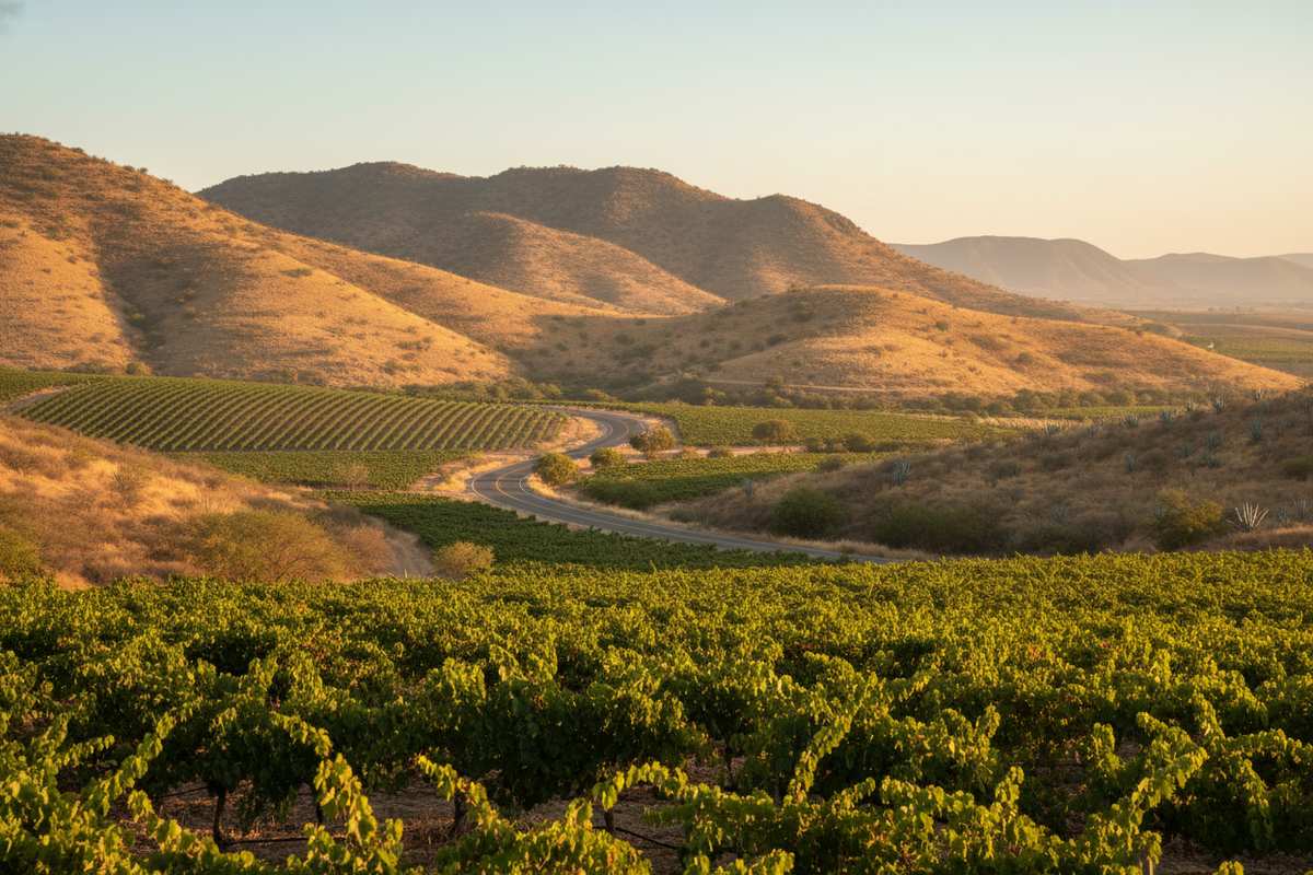 Wine route road through Valle de Guadalupe vineyards and dry Baja hills