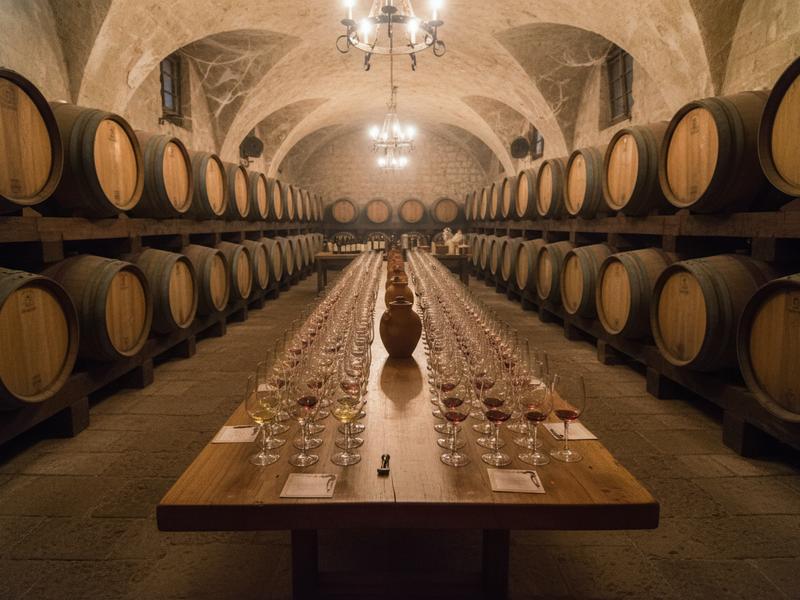 Valle de Guadalupe winery barrel room with tasting glasses ready for guests