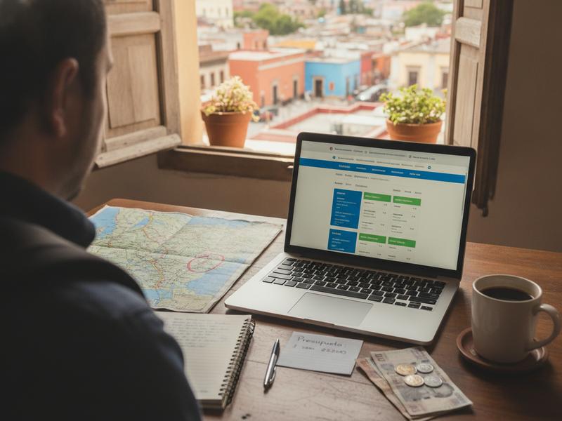 Traveler comparing refundable Guanajuato hotel rooms for Cervantino 2026