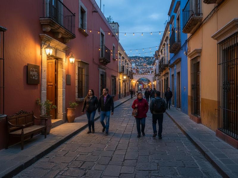 Lit Guanajuato Centro street outside a small hotel during Cervantino