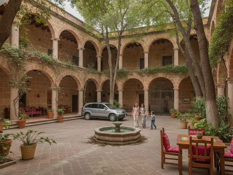 Hotel courtyard and parking area in Marfil outside central Guanajuato