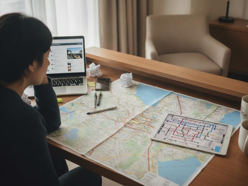 Traveler comparing Mexico City hotel map transit route and cancellation terms