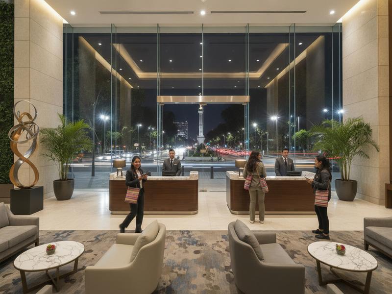 Modern hotel lobby near Paseo de la Reforma prepared for late arriving guests