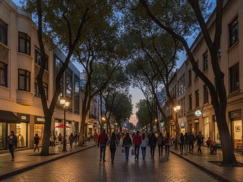 Tree-lined Roma Condesa street with hotels cafés and evening pedestrians