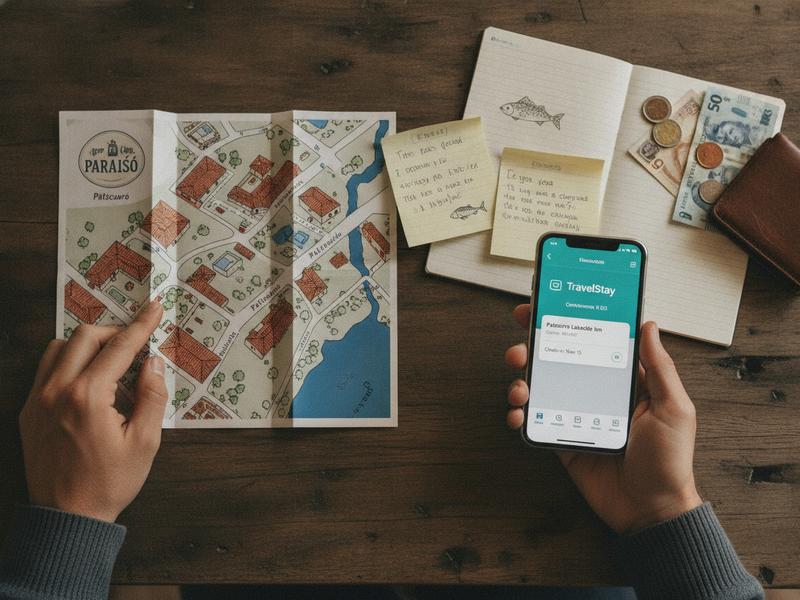 Traveler comparing Pátzcuaro hotel location and booking terms on a phone