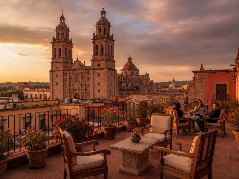 Historic hotel terrace overlooking Morelia Cathedral in late October