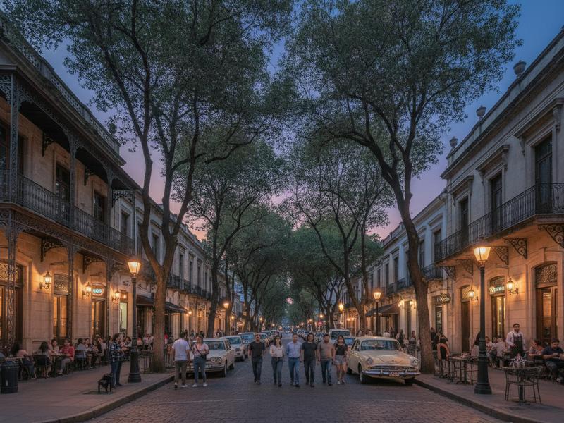 Tree-lined Colonia Americana street with cafes and restaurants in the evening