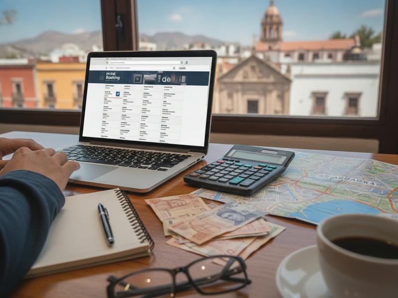 Traveler comparing FIL Guadalajara hotel rates and cancellation terms on a laptop