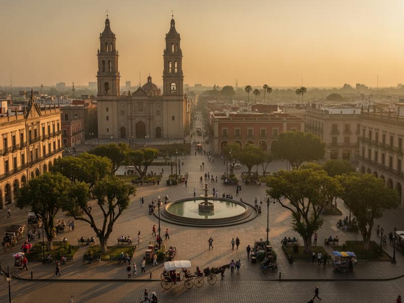 Historic Guadalajara plaza near a central hotel during the morning