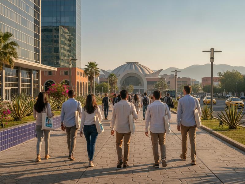 Travelers walking from a hotel toward the entrance of Expo Guadalajara