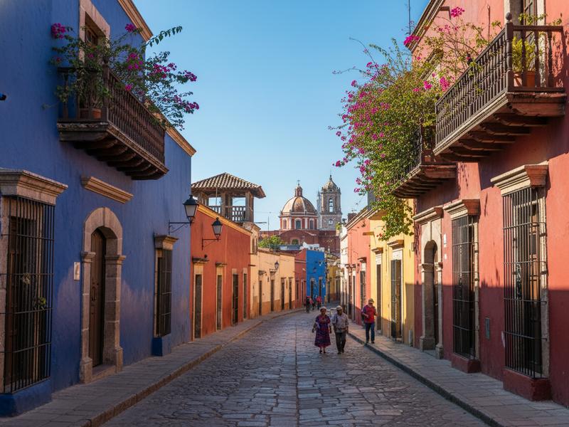 Row of colorful restored colonial buildings along a quiet Campeche street