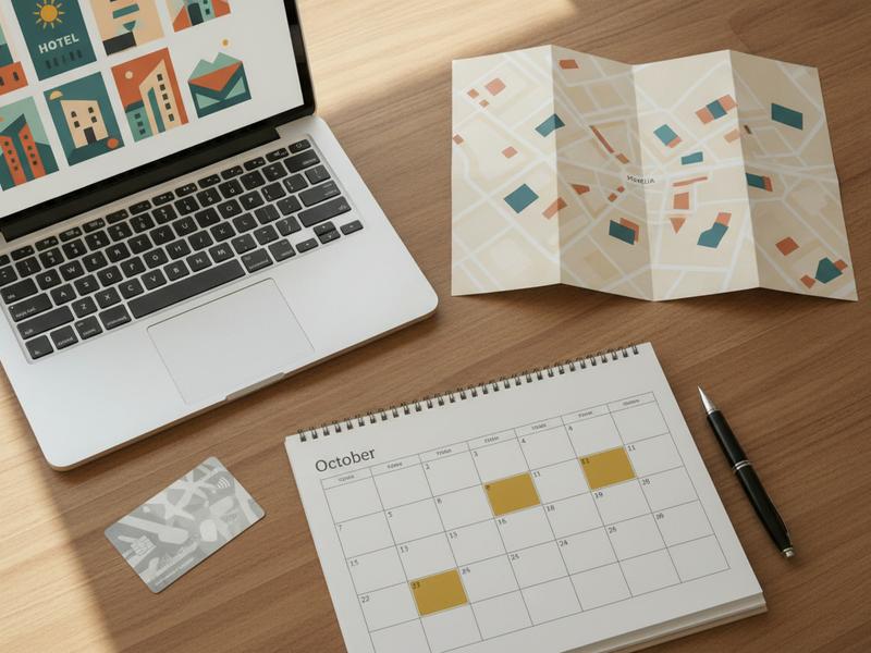Traveler reviewing an FICM hotel booking checklist with Morelia map