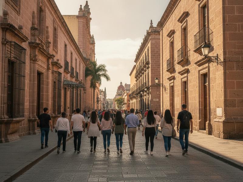 Travelers walking from a Morelia Centro hotel toward festival theaters
