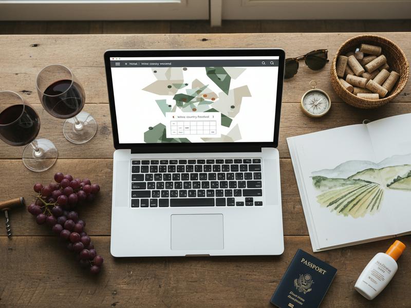 Laptop hotel search for Valle de Guadalupe vendimia weekend with wine glasses nearby