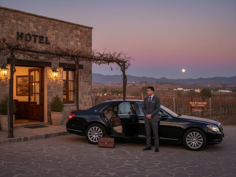 Driver waiting outside a vineyard hotel in Valle de Guadalupe after a harvest dinner