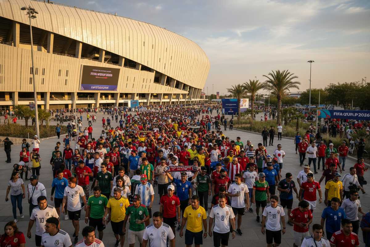 Estadio Akron in Zapopan Guadalajara from outside with fan crowds approaching on World Cup match day